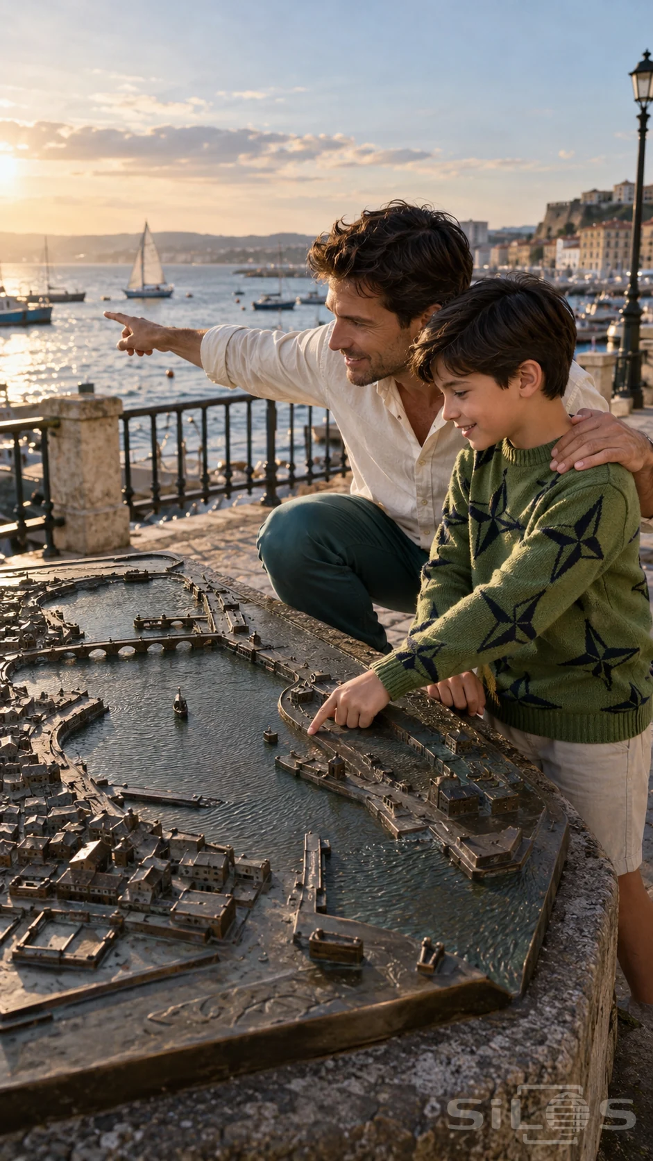 A bronze harbor map with raised quays as a father and son explore the miniature waterfront together on a seaside promenade.