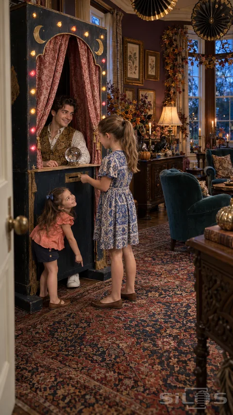 A fortune booth with a young father behind a glass ball as one daughter offers a token and the younger points to his visible sneaker.