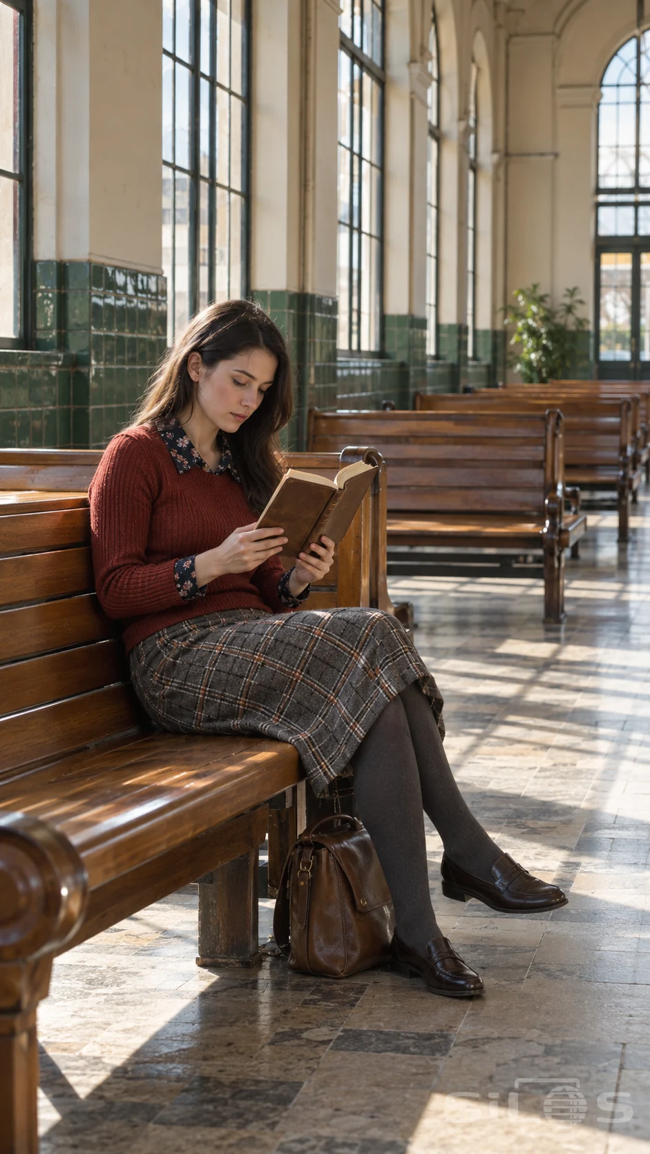 A woman in a rust sweater and plaid skirt reads a leather book on a wooden bench in the waiting room beside tall station windows.
