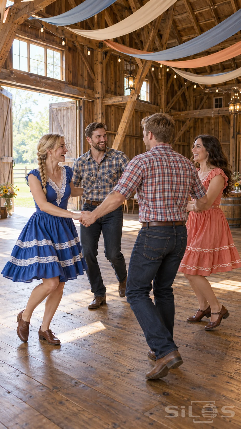Square dance circle of four adult friends in blue and coral dresses and plaid shirts beneath fabric swags in a timber hall