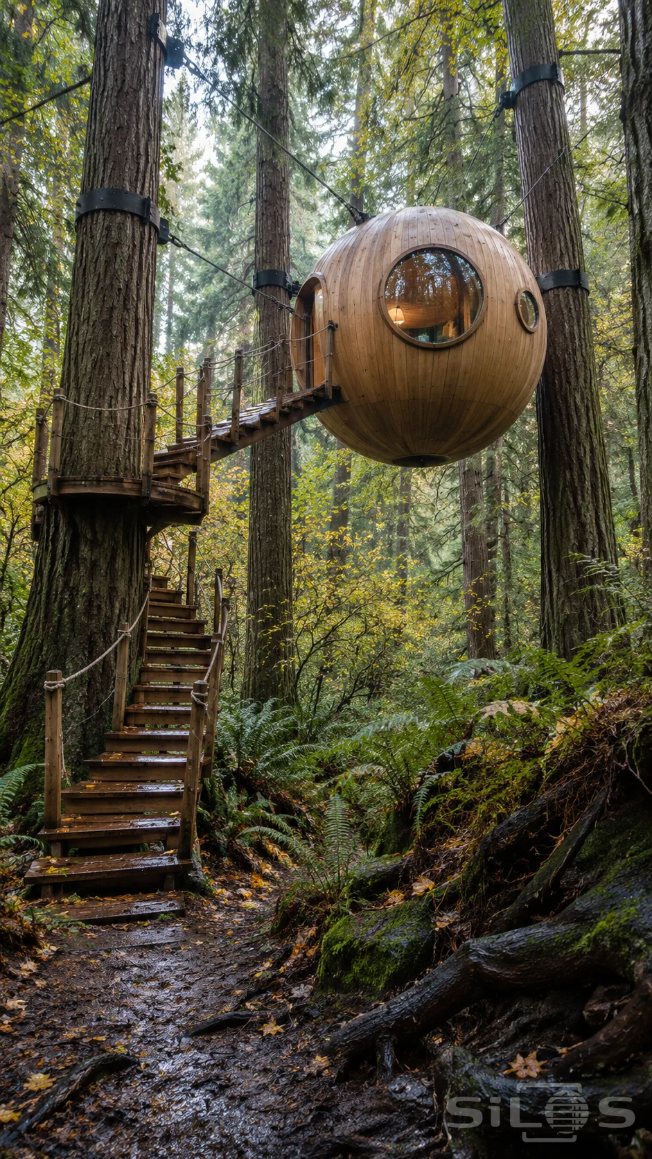 A wooden spherical retreat hangs from cables between cedar trees, with round windows and a stair leading to a short bridge.