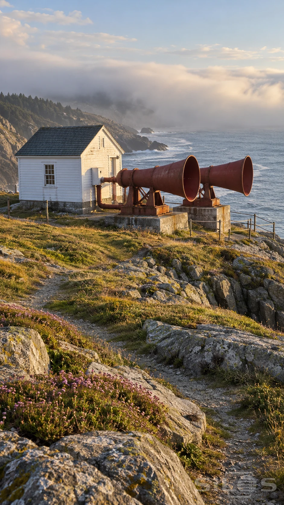 A foghorn station with two red trumpets and a white service house stands on a rocky headland above sea fog.