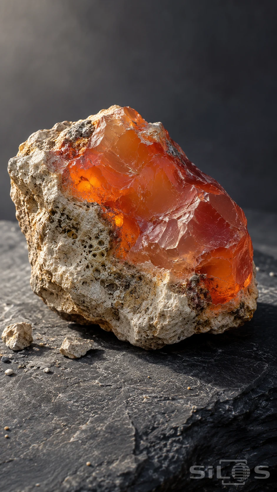 Rough fire opal glows orange within pale host rock resting on charcoal slate with a few scattered stone chips.