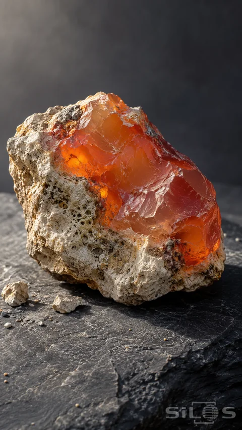 Rough fire opal glows orange within pale host rock resting on charcoal slate with a few scattered stone chips.