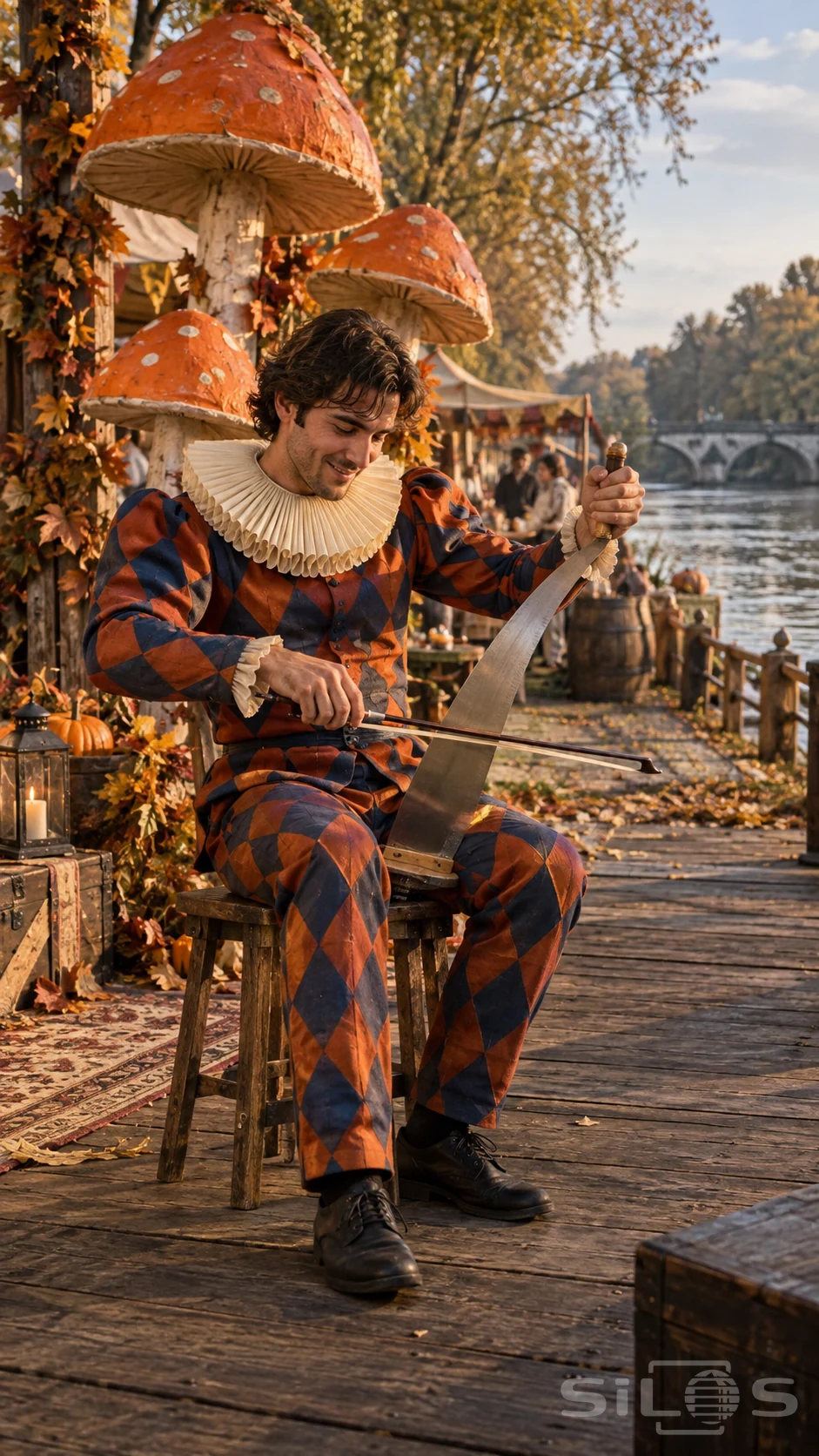 Harlequin musical saw player seated beside giant mushroom props, drawing a bow across a curved steel blade in a rust and indigo costume.