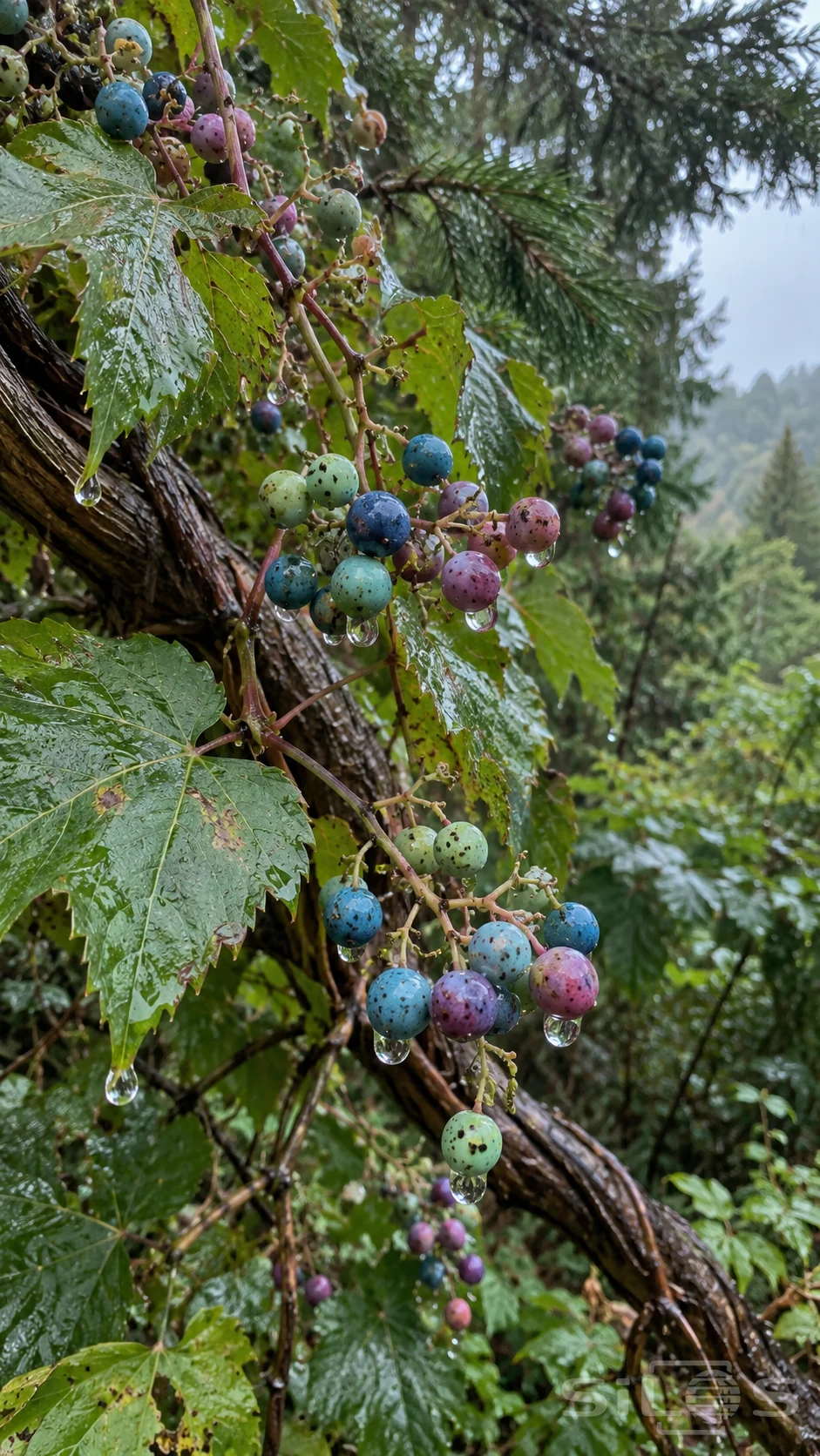 Turquoise and mauve porcelain berries carry rain droplets on a wet vine among lobed green leaves.