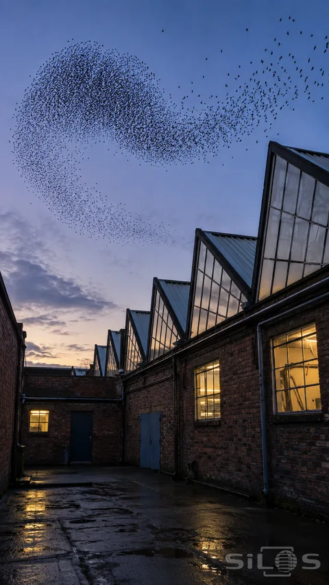 A dense flock of starlings turns above sawtooth roofs and warm factory windows seen from a wet brick service yard.