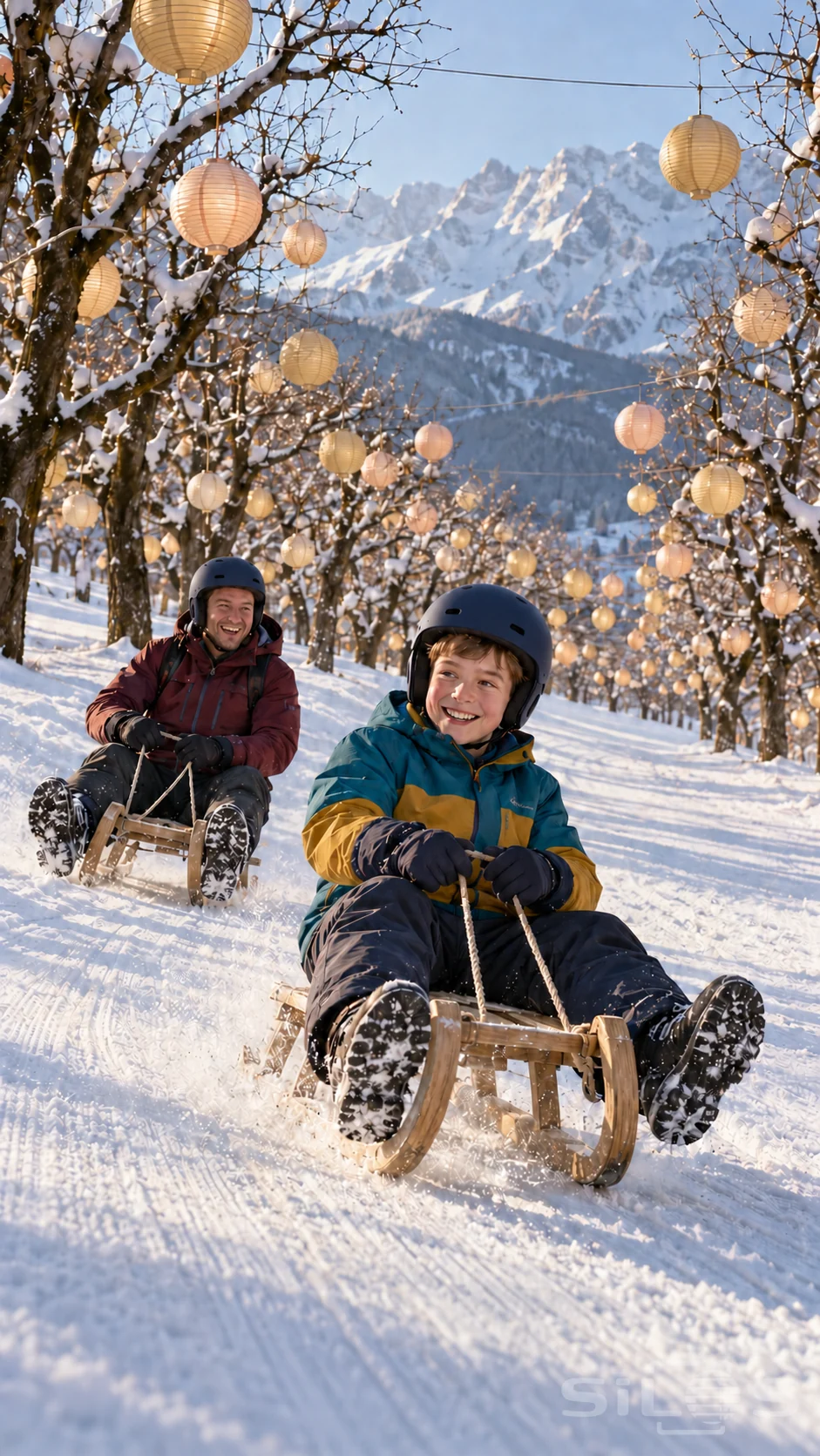 A smiling boy leads his father as their wooden sleds race through snowy orchard lanterns beneath a mountain ridge.