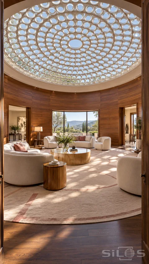 Circular walnut reception room with a dome of small round glass lenses; curved ivory seating; pale rug and a garden window.