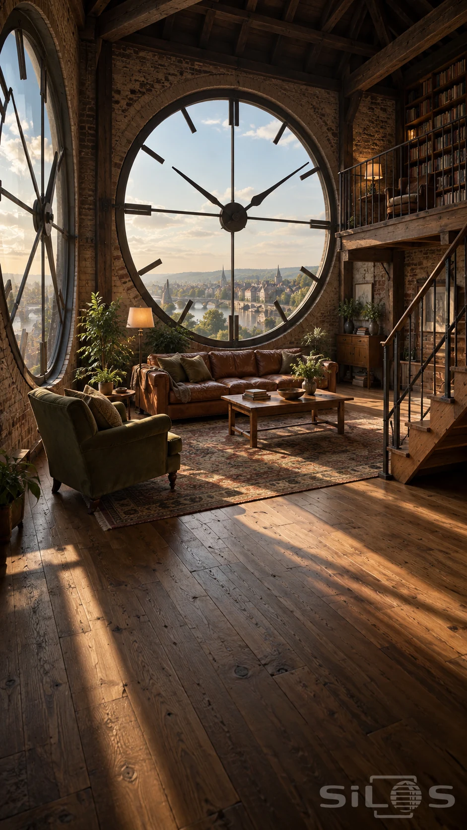 A brick tower living room has two enormous transparent clock windows, a leather sofa and a timber stair leading to a book-lined gallery.