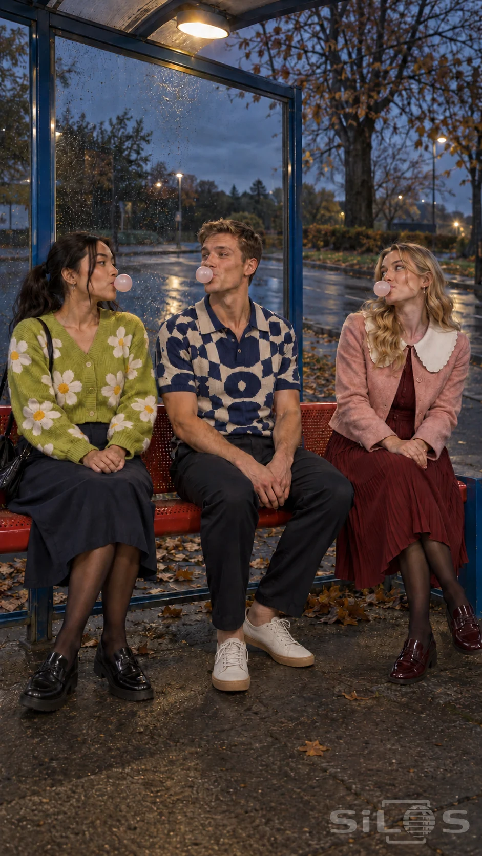 Three adult friends blow pink gum bubbles at a bus stop, wearing a daisy cardigan, geometric polo and pink jacket with a scalloped collar.