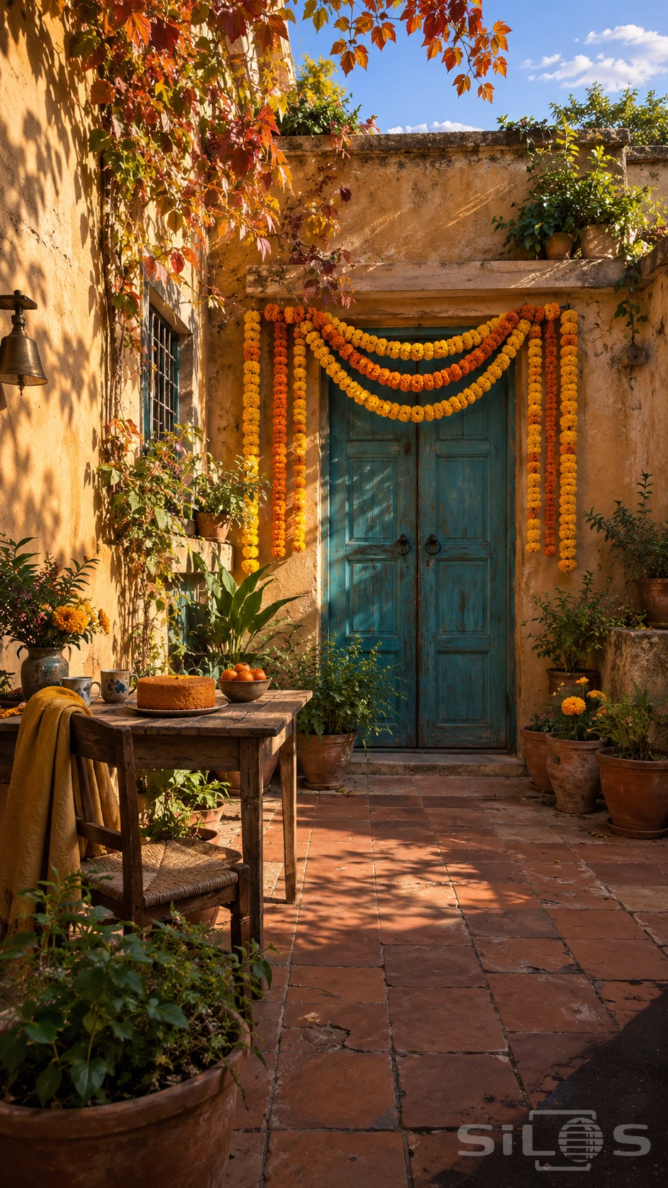 Orange and yellow marigold garlands hang around a turquoise courtyard door beside a wooden table with cake and ceramic cups.
