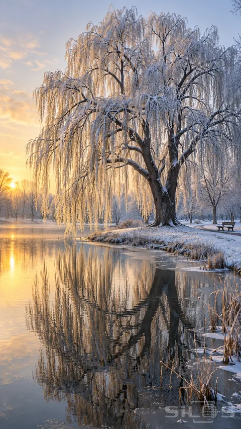 A frosted willow reflects its hanging branches in a still pond beside a snowy winter park path and small wooden bench.