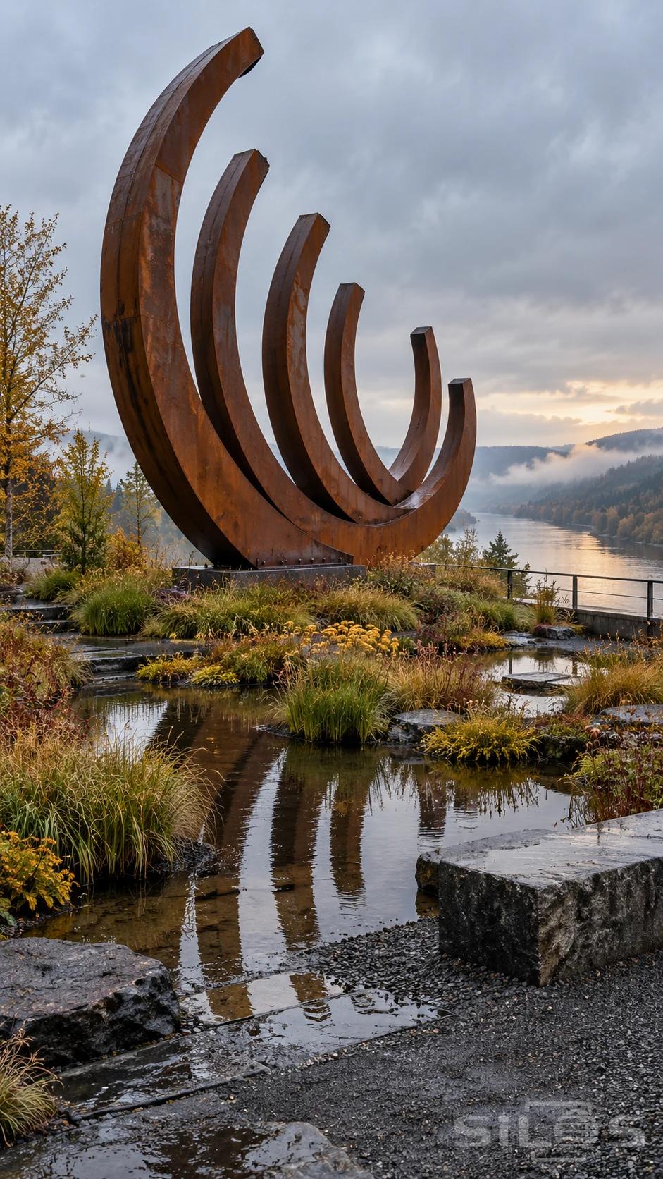 Nested rusted steel arcs stand above a rain garden of dark pools and grasses overlooking a misty river.