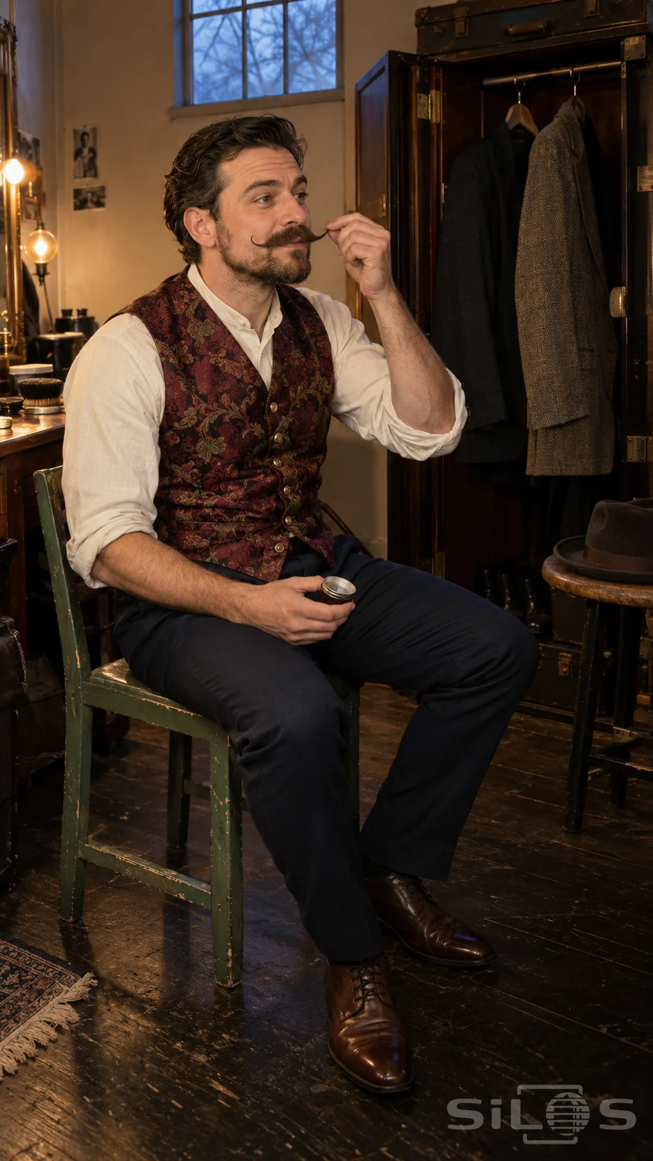 Man in a floral brocade waistcoat shapes his handlebar moustache while seated on a green wooden chair.
