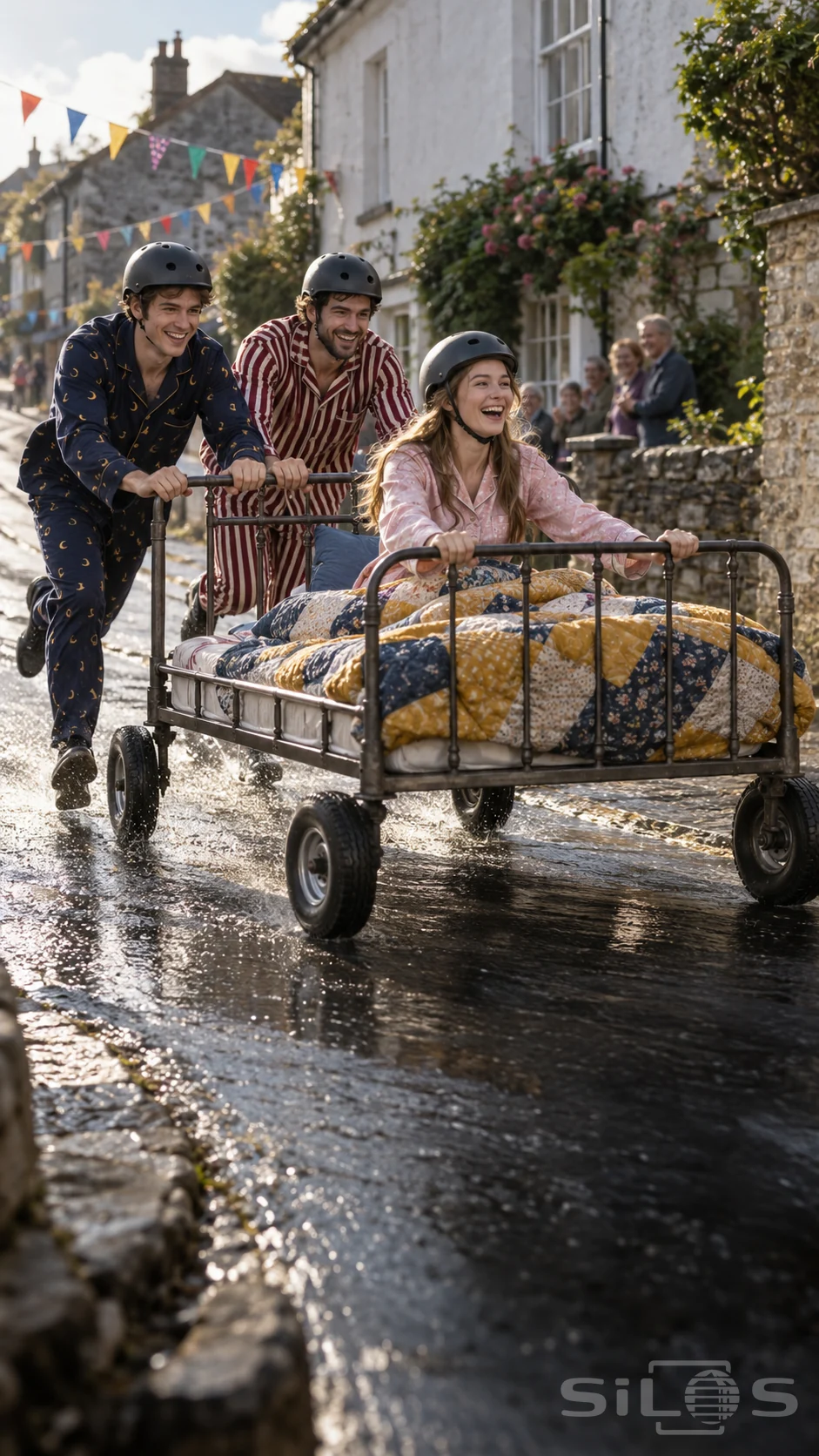 Patchwork bed race with two men pushing a wheeled iron bed as a helmeted woman laughs beneath a quilt on a wet village street.