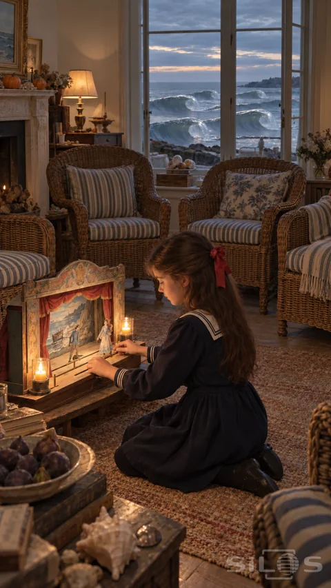 A girl in a navy sailor dress kneels at a paper theatre with empty wicker chairs and curling grey waves beyond a tall window.