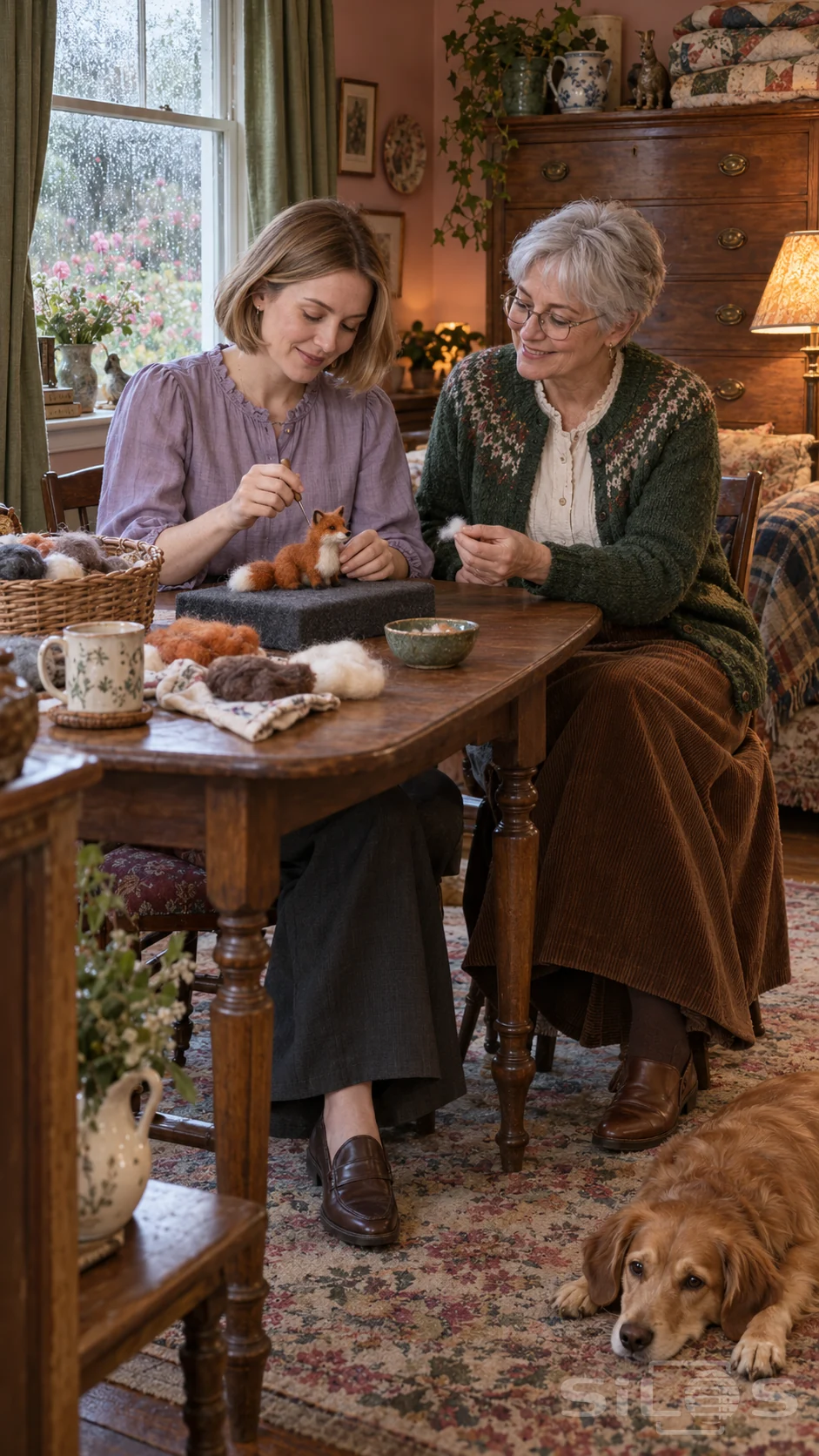 Two women shape a needle felt fox with white wool at a table in a rainy sitting room while a golden dog rests below.