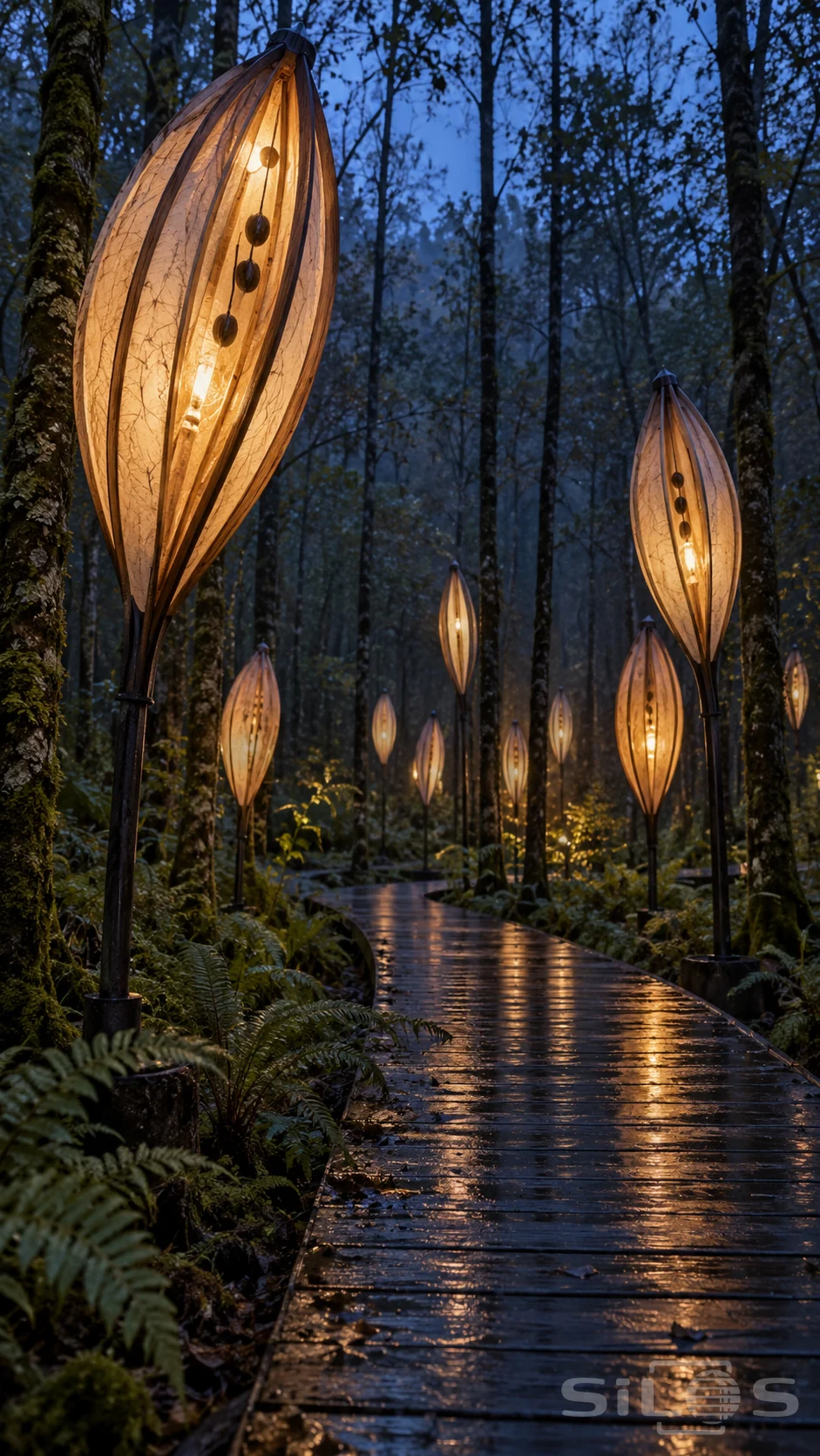 Seedpod lanterns with timber ribs and glowing paper shells line a wet boardwalk through a dark fern-filled woodland.
