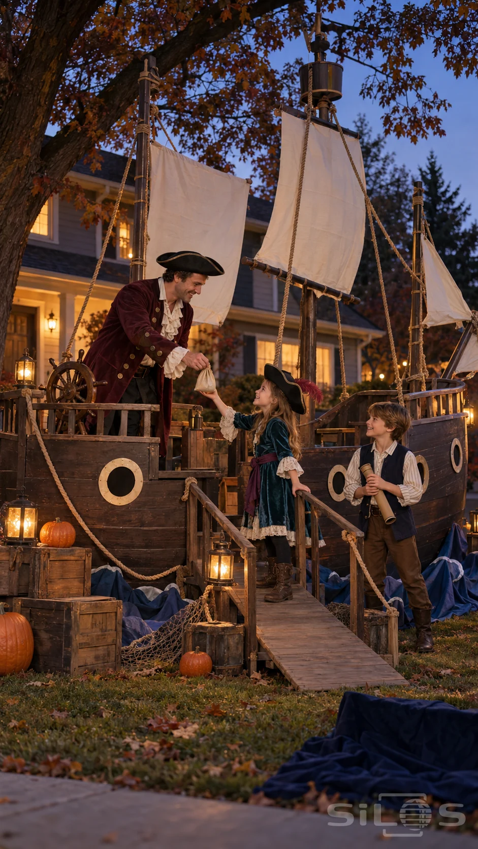 Halloween pirate garden with a father handing a cloth pouch to his daughter beside a homemade ship as her brother holds a cardboard telescope.