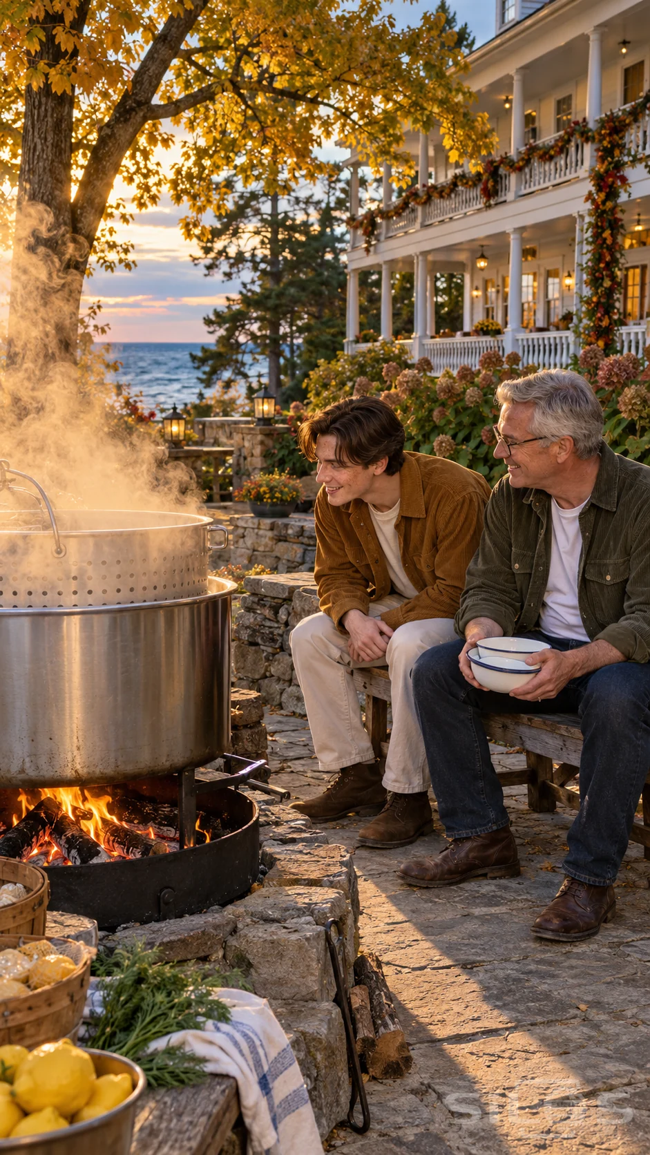 Fish boil steam rises beside a kettle as a father and adult son sit outside a white autumn inn.