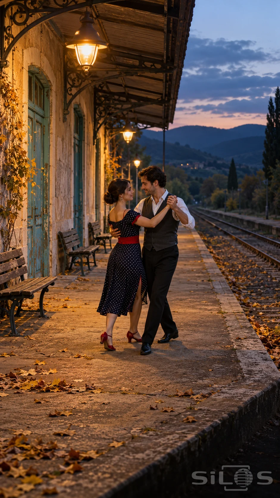 A couple dances a tango on the empty platform beneath a station canopy; the woman wears a navy dotted dress with a red waistband.