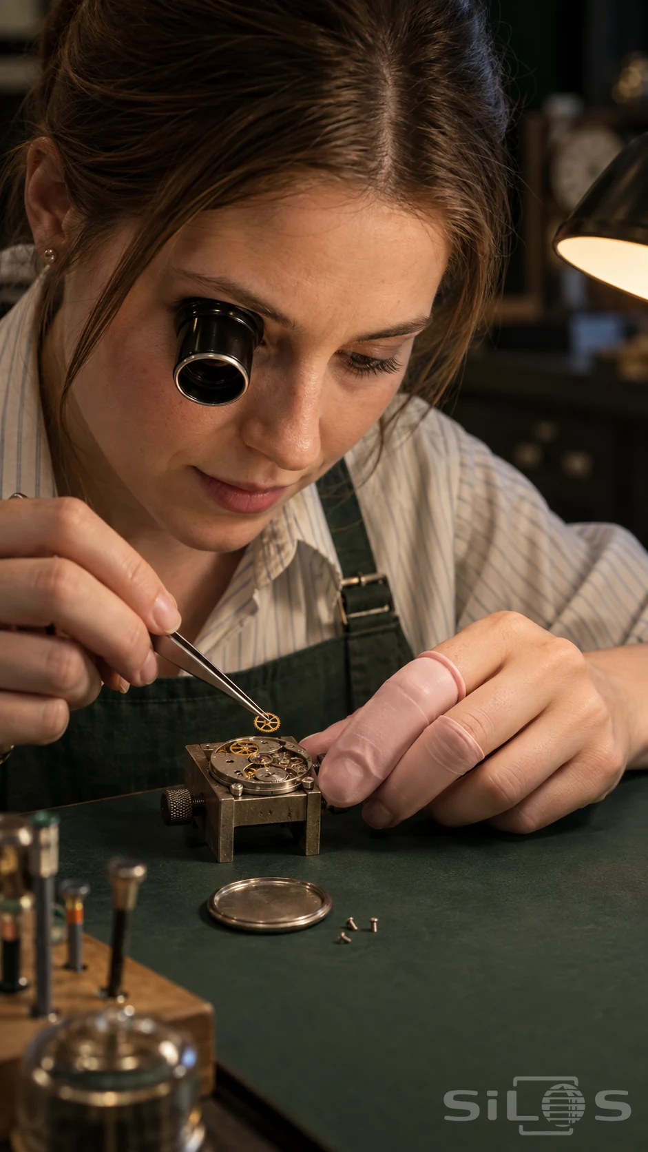 A watch repair specialist holds a tiny gear in fine tweezers above an open movement on a green work mat.