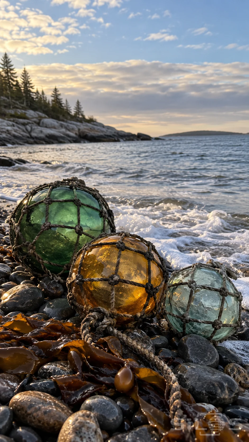 Glass fishing floats in green and amber lie in rope nets on wet pebbles beside kelp and a thin edge of sea foam.