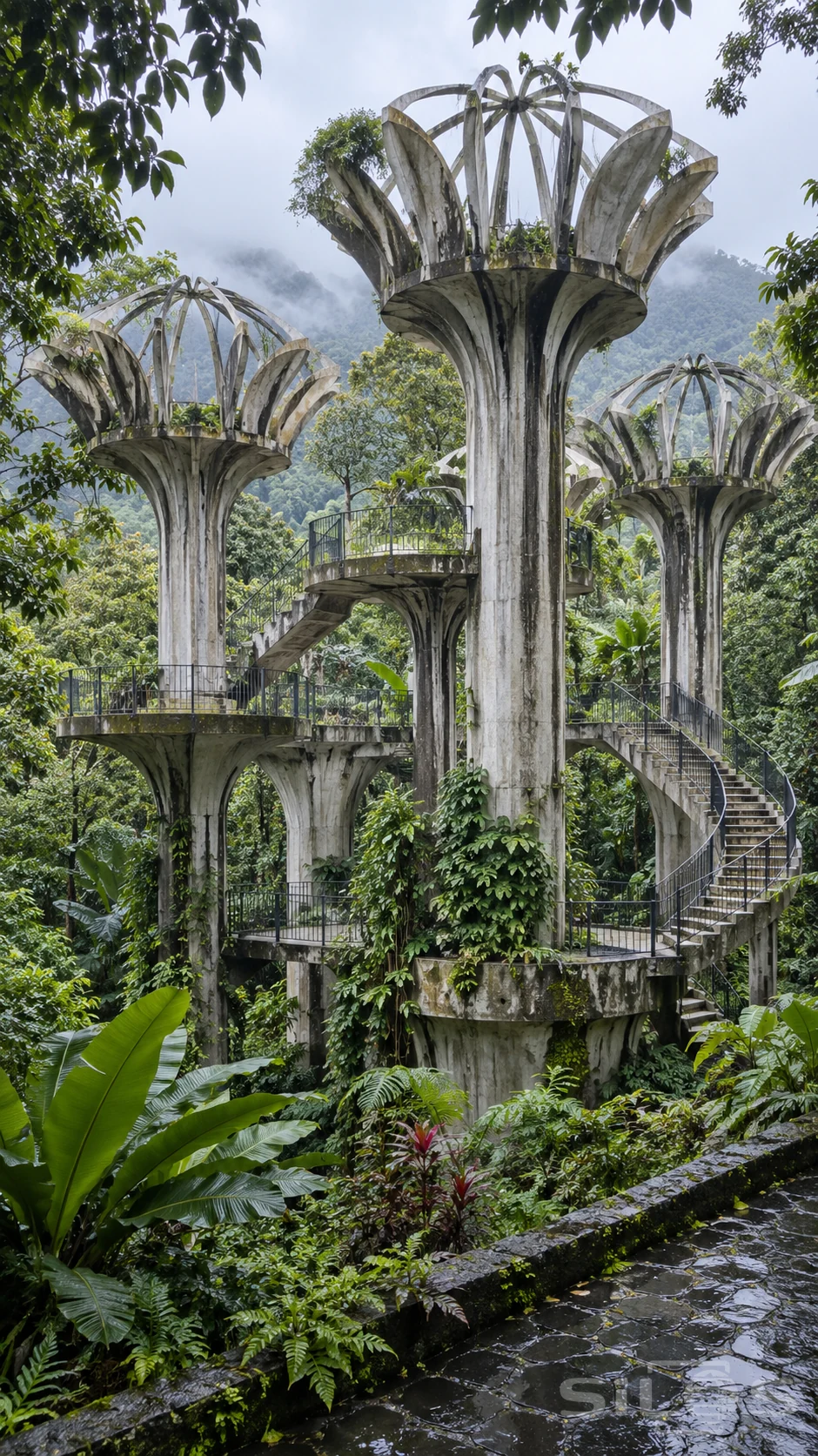 Weathered concrete towers with open petal-shaped crowns, connecting stairs and railings among lush tropical plants.