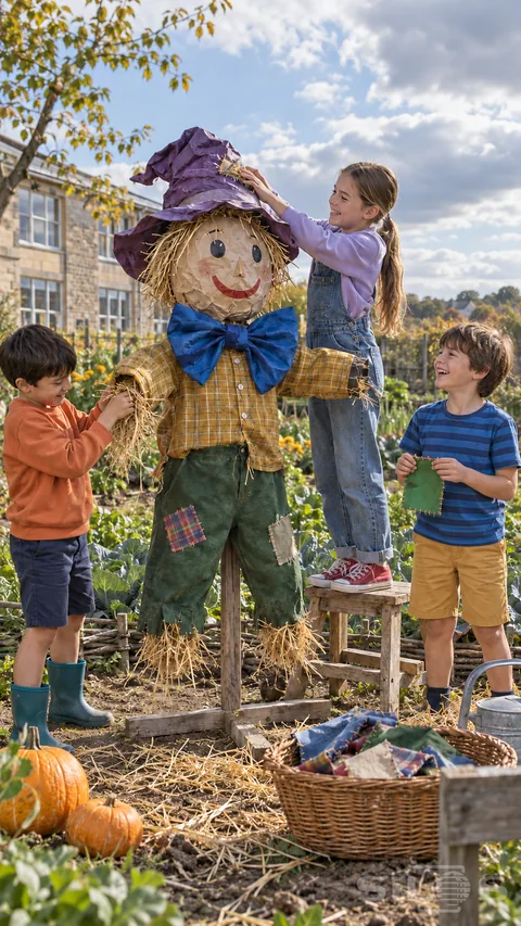 Three children finish a scarecrow in a school garden; adjusting its purple hat and stuffing straw into a checked sleeve.