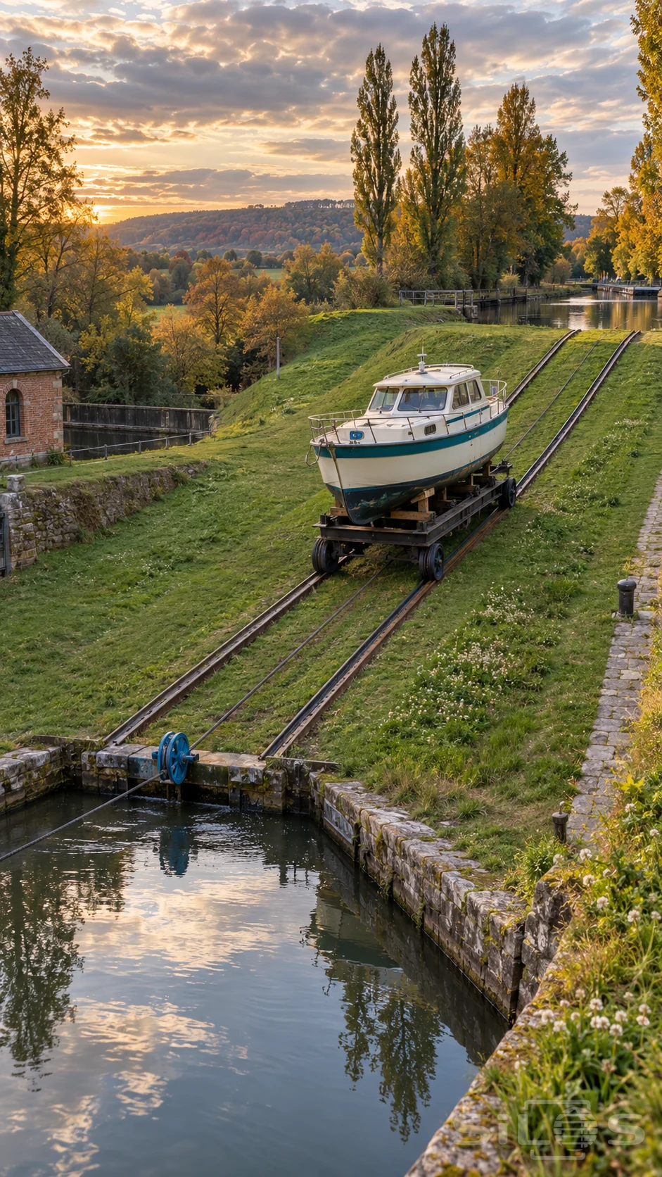 A cream and teal canal boat rests on inclined rails in a wheeled cradle between lower and upper water basins at sunset.