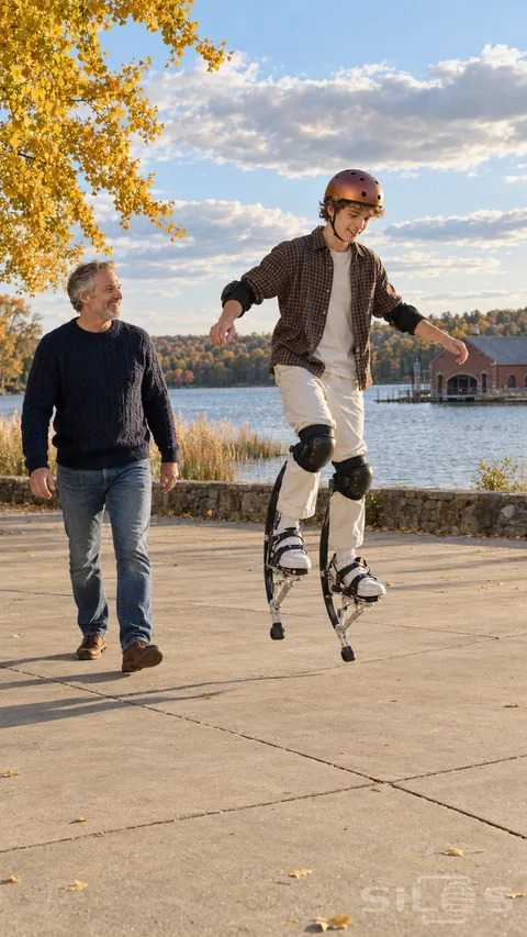 A young man makes a spring stilt hop beside his father on waterfront practice paving under golden branches.
