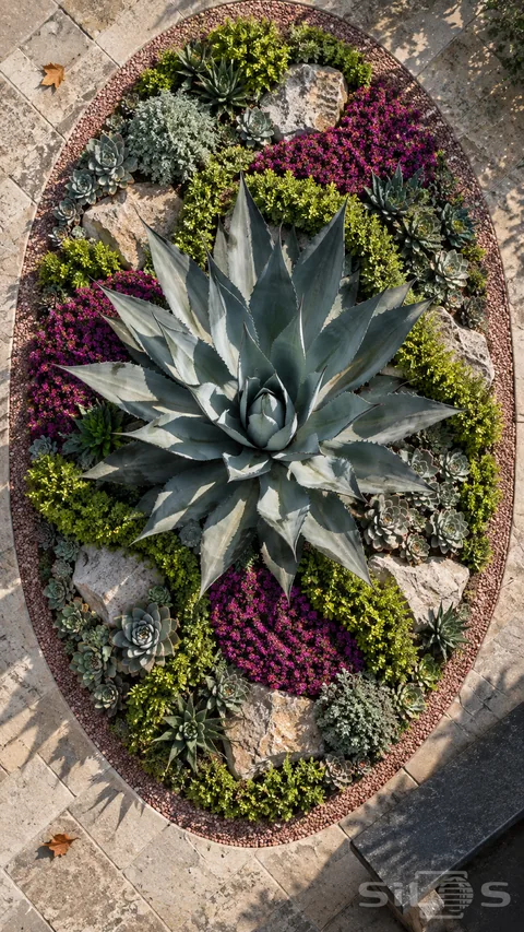 An overhead view shows an agave garden with a blue-gray center; green plants; magenta flowers and pale stone patches.