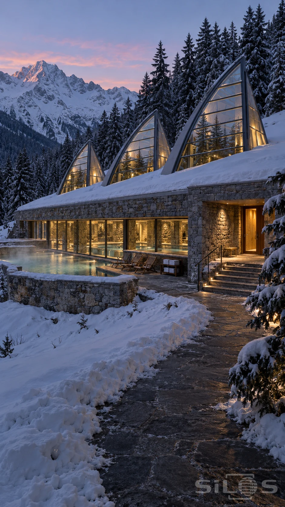 Three tall glass skylights rise above a stone bathhouse, with a warm pool, cleared snowy path and mountain peaks at dusk.