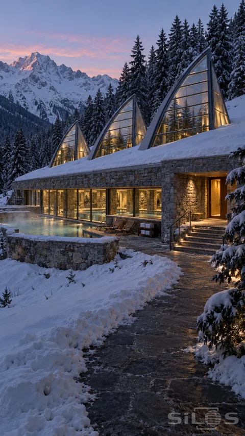Three tall glass skylights rise above a stone bathhouse; with a warm pool; cleared snowy path and mountain peaks at dusk.