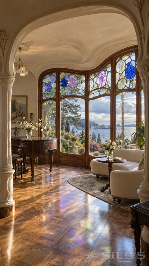 Art Nouveau music room with flowing wood-framed stained-glass windows; a grand piano; cream sofas and a bright coastal view.