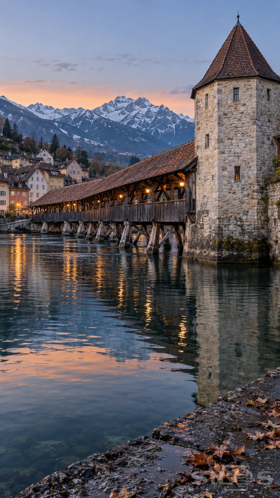 A covered wooden bridge with a red tiled roof joins a pale stone river tower beneath snowy mountains and a soft evening sky.