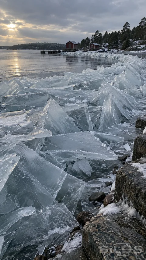 Thin blue-grey ice sheets piled at angles along a rocky harbour shore; with red sheds and a snowy pine headland beyond.