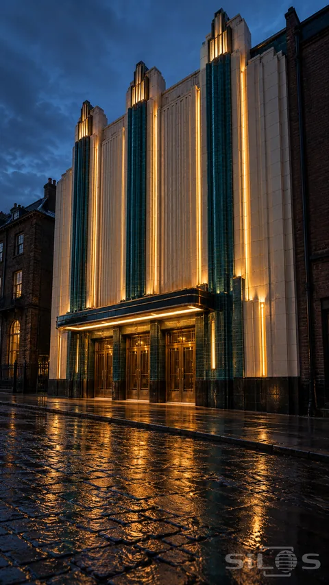 An Art Deco facade with teal piers; cream tiles and amber light rises above three bronze-framed doors and wet cobbles.