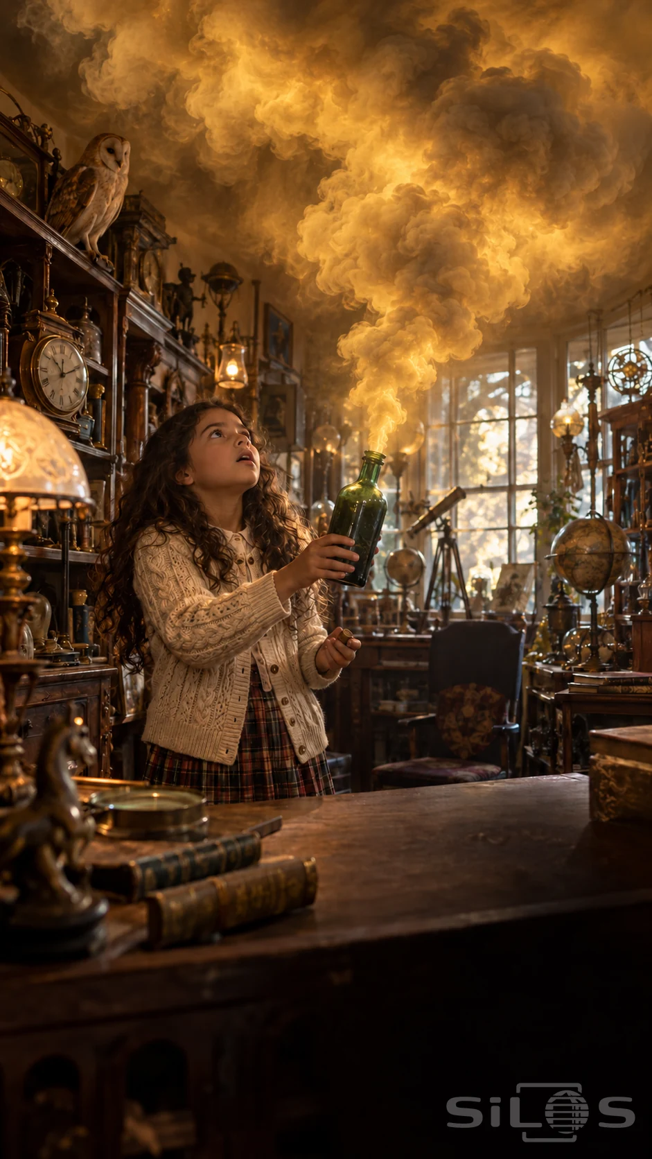 A girl holds an open green bottle as thick golden smoke rises across the ceiling of a crowded antique shop.