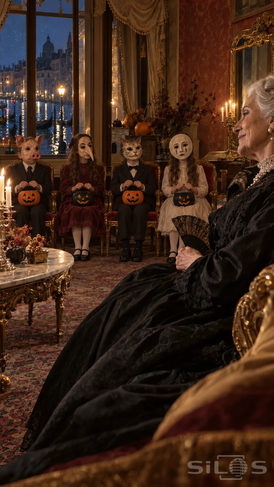 Four fully dressed children with pig, long-nosed, cat and moon masks hold pumpkin buckets while an elderly countess smiles.