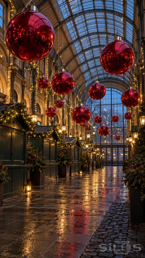 Huge glossy red baubles hang above a quiet covered market with dark green stalls; evergreen garlands and warm lights.