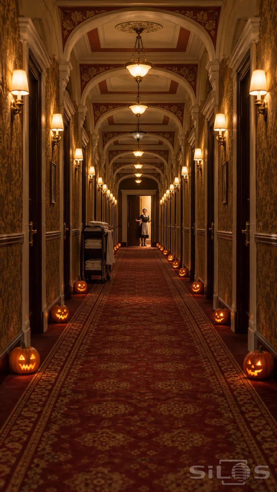 A symmetrical hotel corridor with pumpkins outside the doors leads to a chambermaid in a glowing doorway.