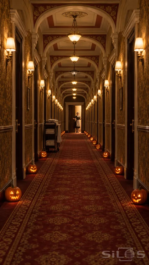 A symmetrical hotel corridor with pumpkins outside the doors leads to a chambermaid in a glowing doorway.