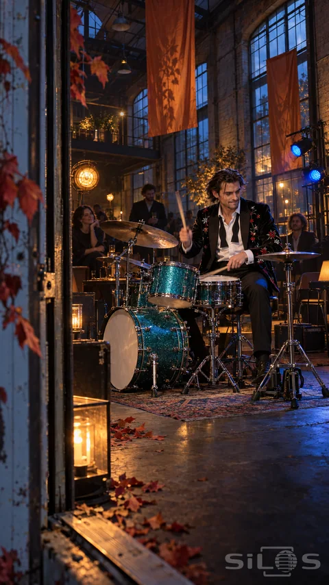 A drummer in a black floral jacket plays a turquoise kit beneath amber and blue lights inside an industrial hall.