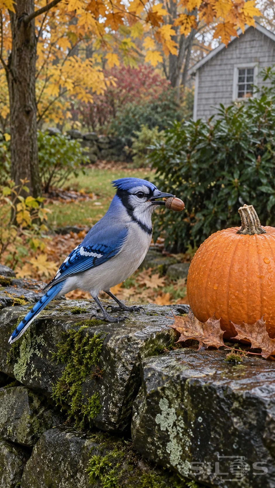 A blue jay grips an acorn in its bill while standing on a mossy wall beside a small orange pumpkin in an autumn garden.