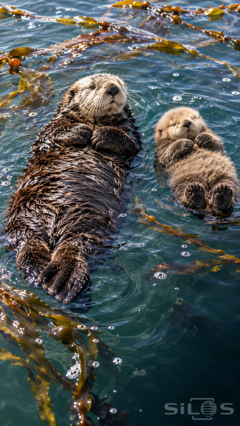 A sea otter pup with fluffy tan fur floats on its back beside a larger brown otter in blue-green water scattered with golden kelp.