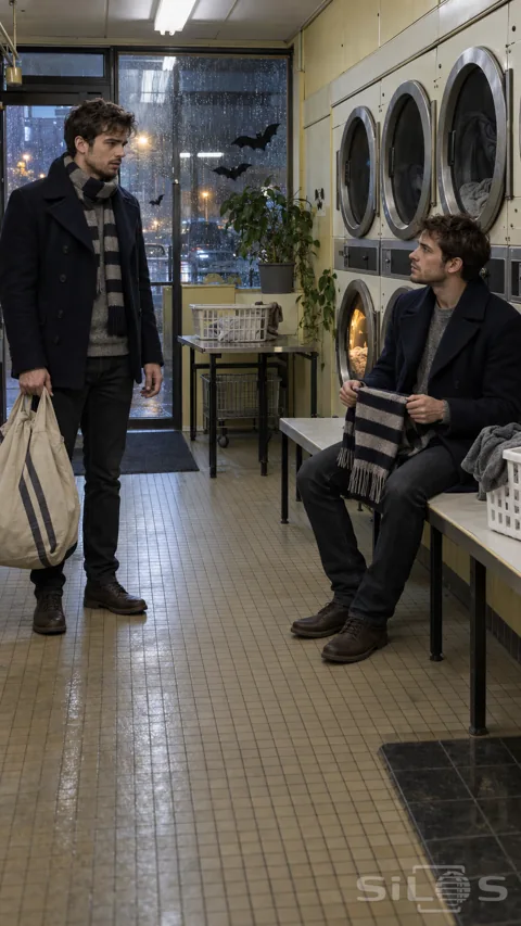 Two identical men in navy coats face each other in a laundromat; one holding laundry and the other folding a striped scarf.