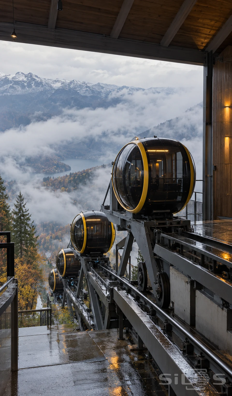 Round funicular cabins with yellow rims arrive on wet rails beneath a timber station roof above an autumn mountain valley.