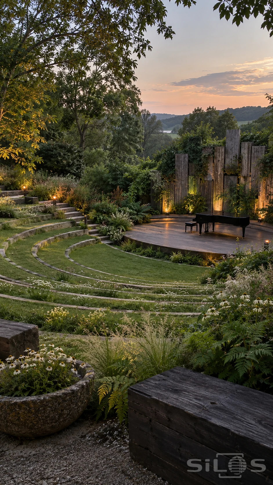 Grand piano on a timber stage beside curved grass terraces and flowering borders in a garden amphitheatre.